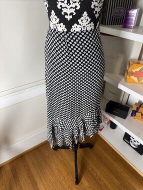 NYGARD COLLECTION 100% SILK SKIRT BLACK WHITE POLKA DOT RUFFLED MIDI SIZE 16